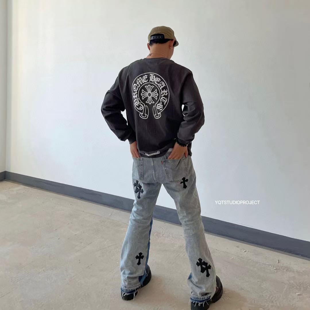 gallery DEPT premium leather cross flare jeans distressed wash patchwork high quality vintage style