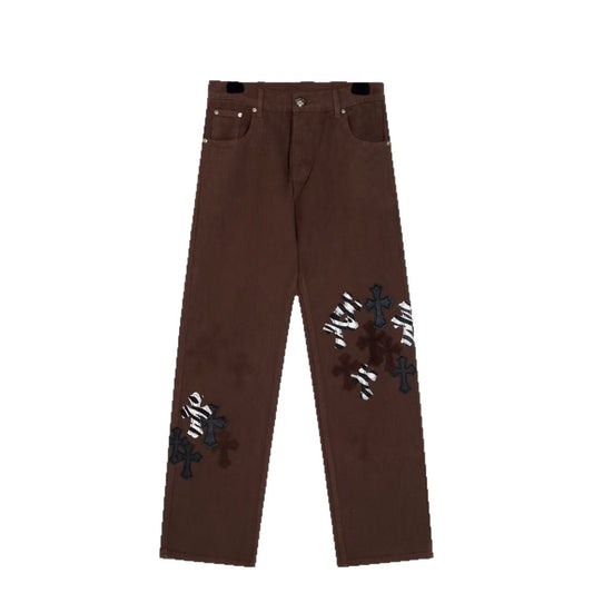 Chrome Hearts Cross Patch Washed Denim Jeans Loose Straight Leg Pants for Men and Women Streetwear Couple Spring Autumn