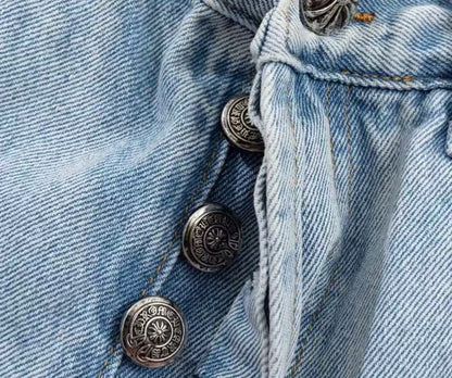 Vintage Washed Blue Jeans with CH Cross Leather Patch Embroidery Streetwear Couple Denim Pants