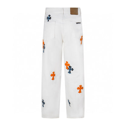 Chrome Hearts Cross Patchwork Distressed Jeans High Street Fashion for Men Women