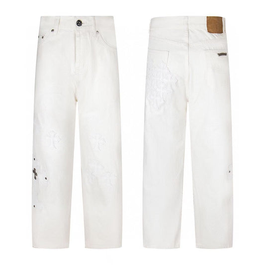 White Washed Jeans with Chrome Hearts Leather Cross Embroidery Couple Loose Fit Denim Fashion
