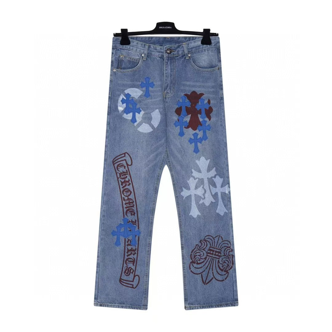 Chrome Hearts Cross Patch Embroidered Washed Jeans Couple Loose Streetwear Denim Pants