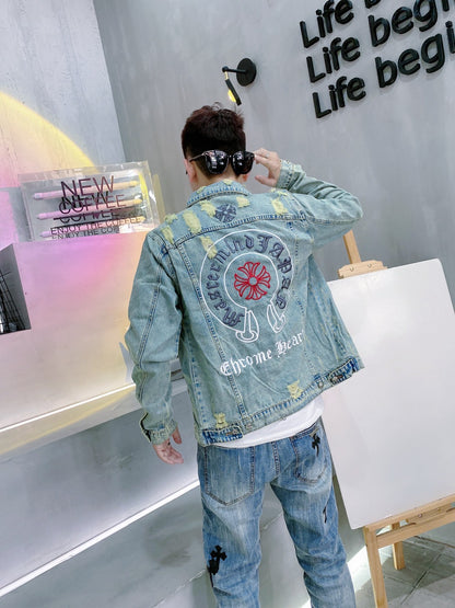 Chrome Hearts Embroidered Distressed Denim Jacket for Men Women