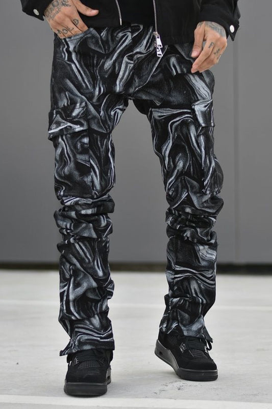 بنطلون جينز رجالي أسود مكدس فضفاض وقابل للتمدد للرجال