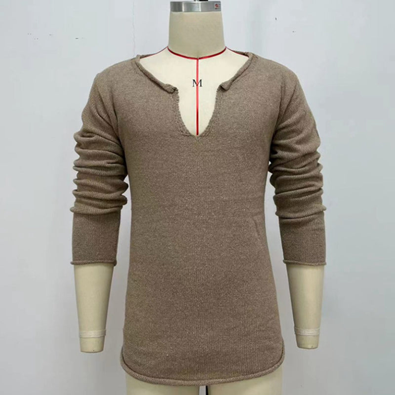 Solid Color V-neck Knit Thin Base Men Shirt