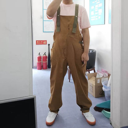 Vintage loose straight overalls May Khaki casual one-piece suspenders