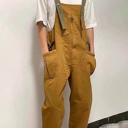 Vintage loose straight overalls May Khaki casual one-piece suspenders