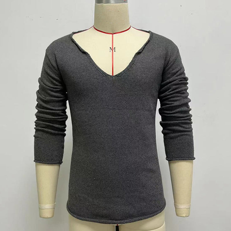 Solid Color V-neck Knit Thin Base Men Shirt
