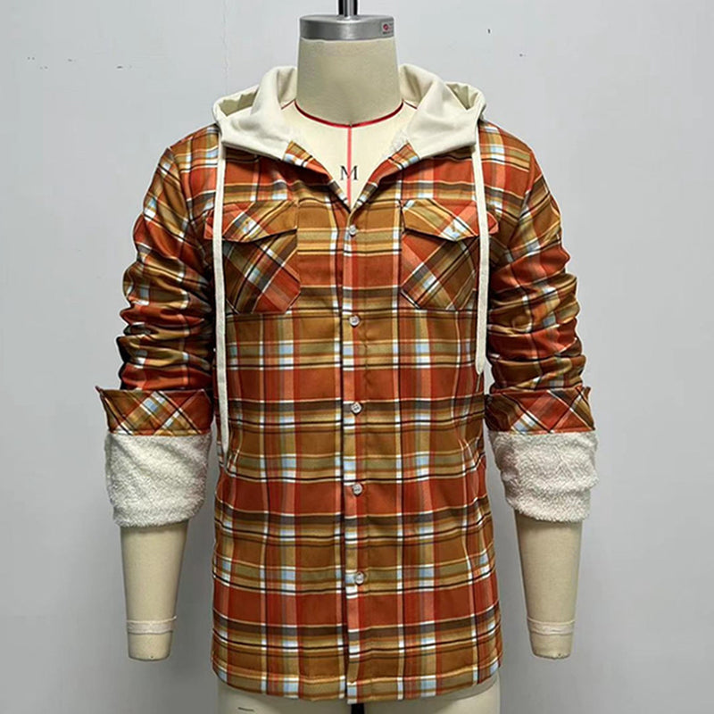 Classic Plaid Design Hoodied Long Sleeved Loose Men Shirt Coat