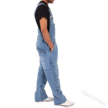 Jeans de jeans de uma peça de uma peça de várias bolsos soltos de cor casual de cor solida