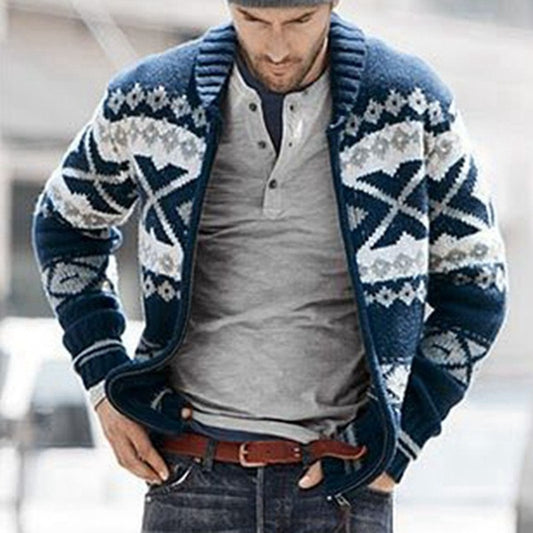 Fashion Polo Neck Zipper Jacquard Weave Cardigan Sweater