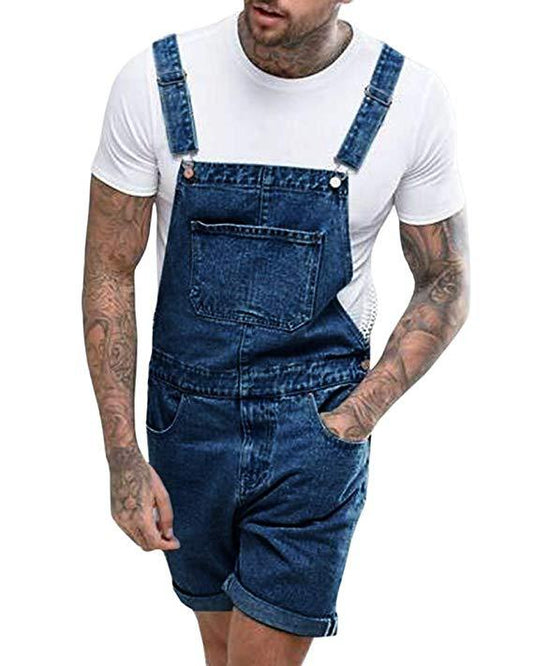 Blue Denim Big Pockets Men's Overalls Short Jumpsuits