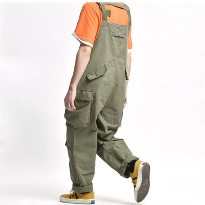 Calças de mochila verde militar com calças de trabalho de macacão solto