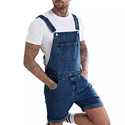 Blue Denim Big Pockets Men's Overalls Short Jumpsuits