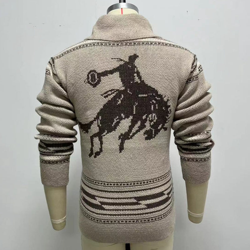 Jacquard Weave Lapel Knit Long Sleeve Warm Men Sweater Coat