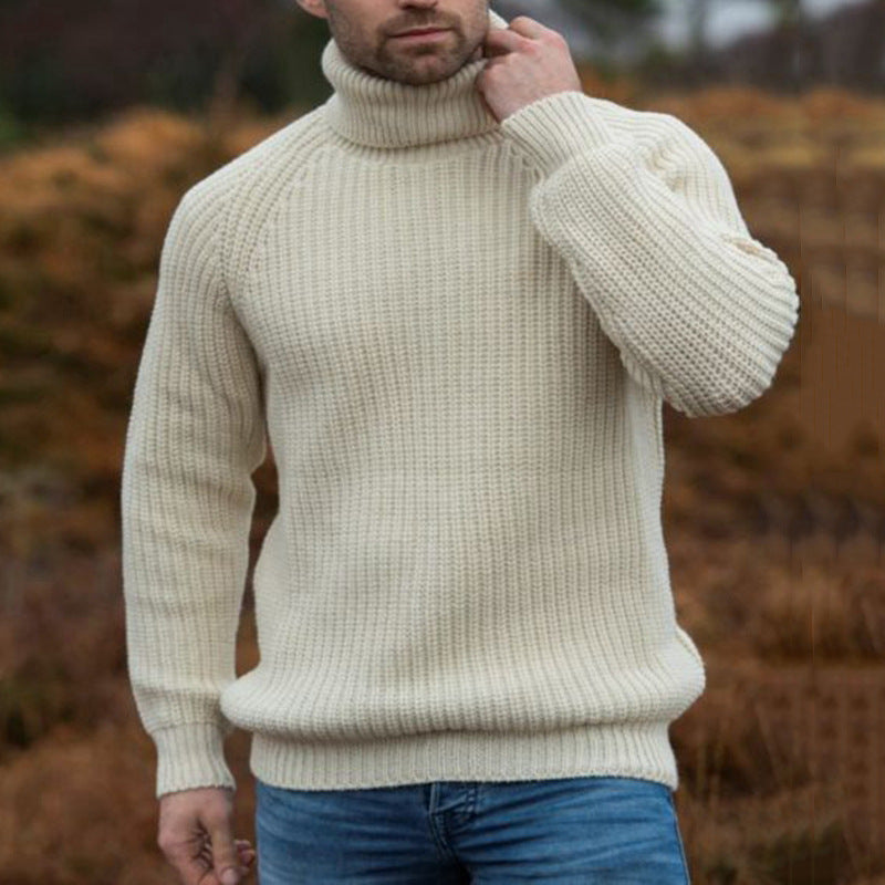 Loose Solid Color High Collar Knitwear Men Sweater