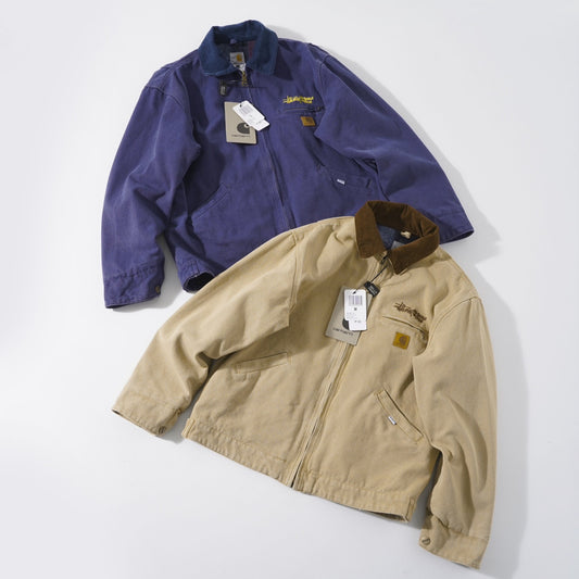 Stussy x Carhartt vintage J97 washed canvas jacket, loose-fitting collared zip-up coat for couples.