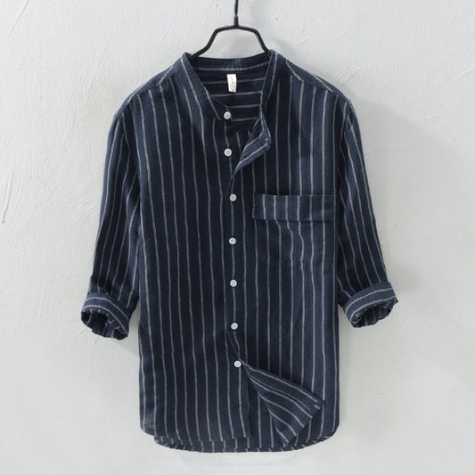 100% linen Cotton Middle Sleeve Men's Stripe T-shirt - KINGEOUS