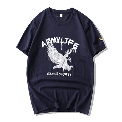 Impressão de águia cor sólida de camiseta de carga masculina solta