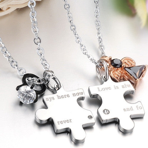 Love is Always Here Now and Forever Puzzle Couple Necklaces - KINGEOUS