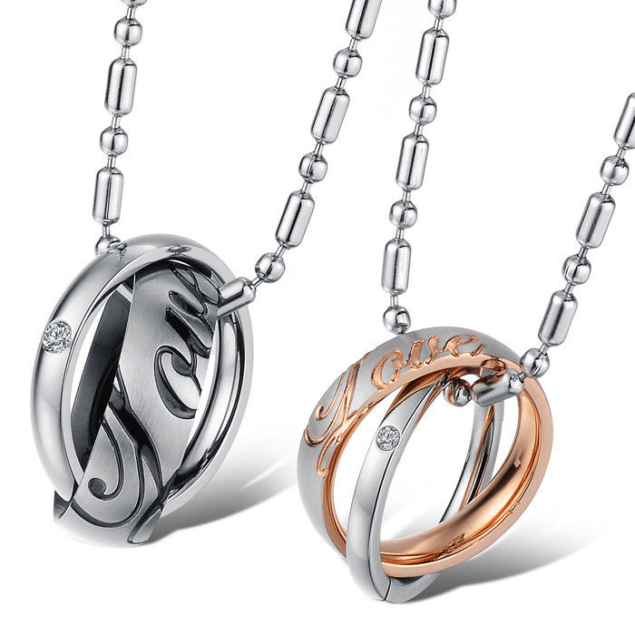 Love Stainless Steel Double Rings CZ Inlaid Couple Necklaces - KINGEOUS
