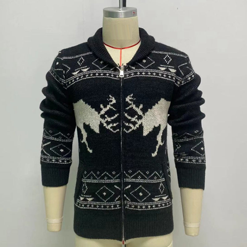 Black Deer Jacquard Weave Zipper Men Sweater Coat