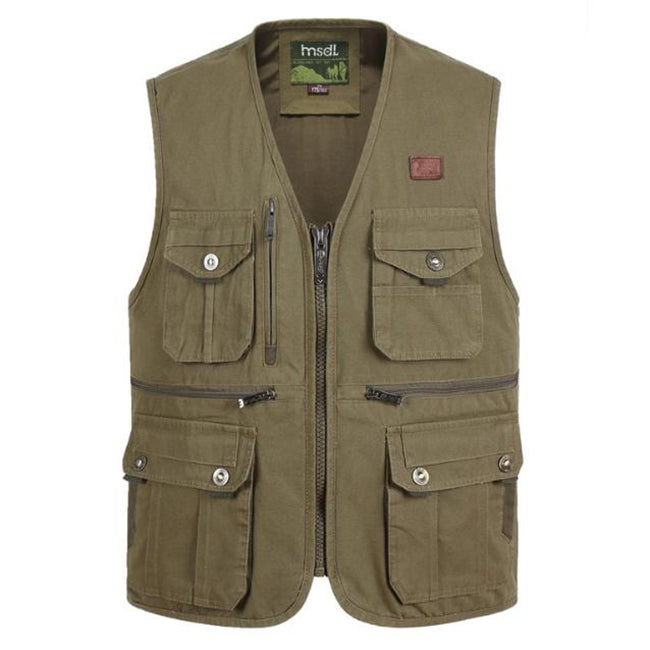 Solid Color V-neck Zipper Multi-pocket Men's Vest