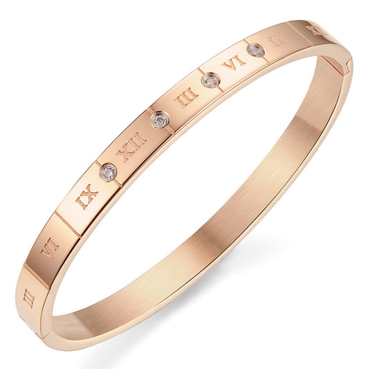 Roman Numerals Plating CZ Inlaid Stainless Steel Couple Bracelets