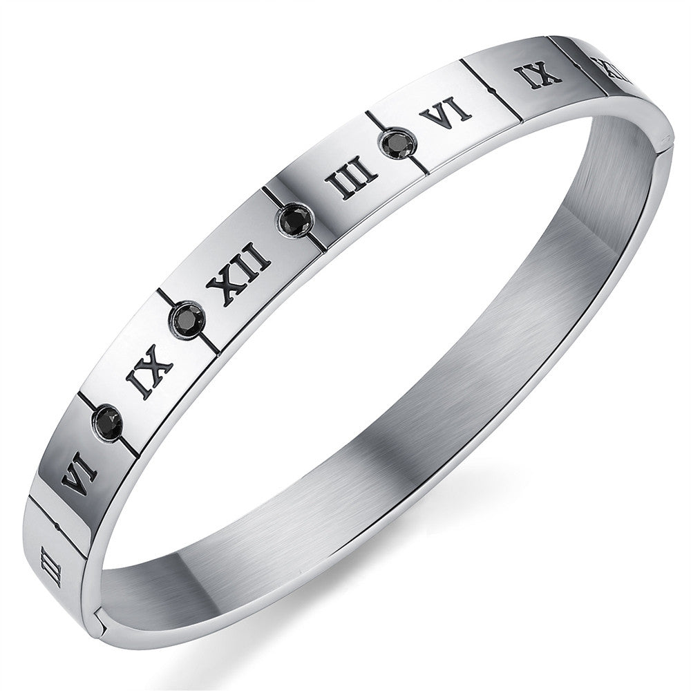 Roman Numerals Plating CZ Inlaid Stainless Steel Couple Bracelets