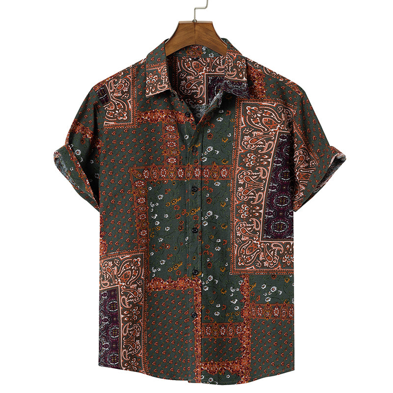 Plus Size Traditional Pattern Printed Short Sleeve Men Shirt