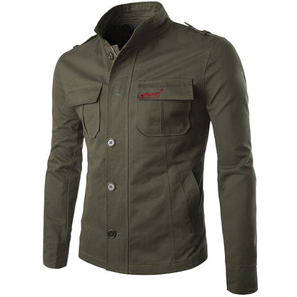 British Style Solid Color Embroidery Standing Collar Men's Cargo Jacket - KINGEOUS