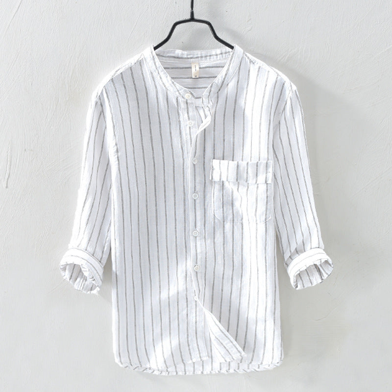 100% linen Cotton Middle Sleeve Men's Stripe T-shirt - KINGEOUS