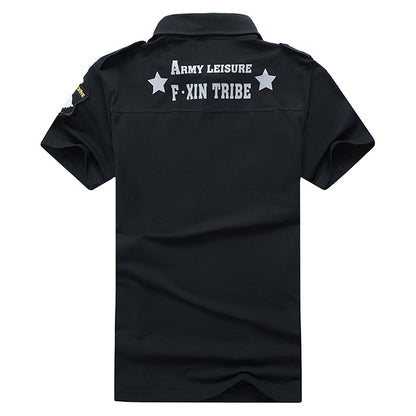 تي شيرت رجالي من القطن العسكري ذو أكمام قصيرة وطية صدر السترة