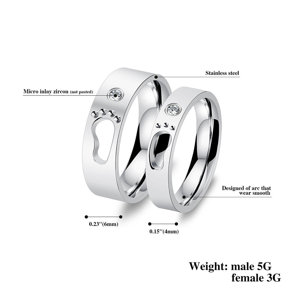 Hollow Footprints CZ Inlaid Stainless Steel Couple Rings - KINGEOUS