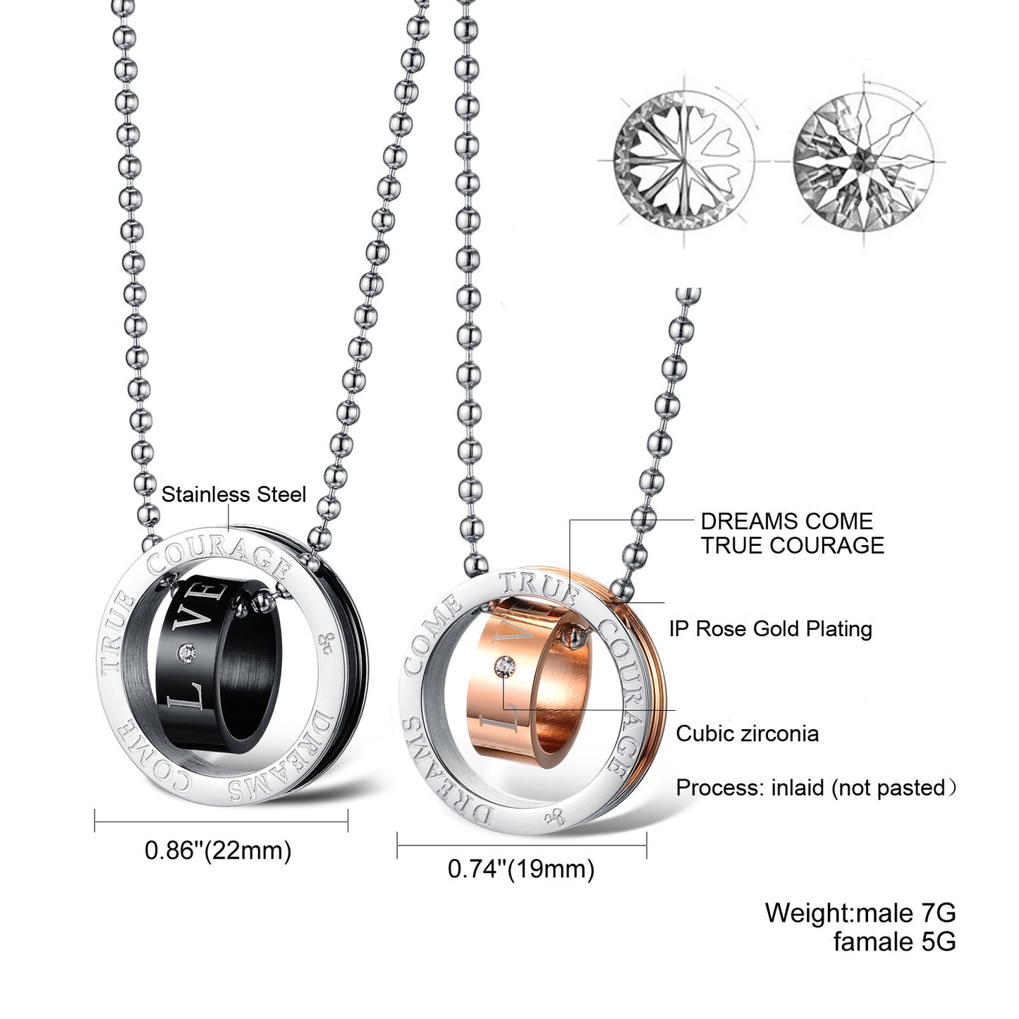 Love Double Rings Stainless Steel Couple Necklaces - KINGEOUS