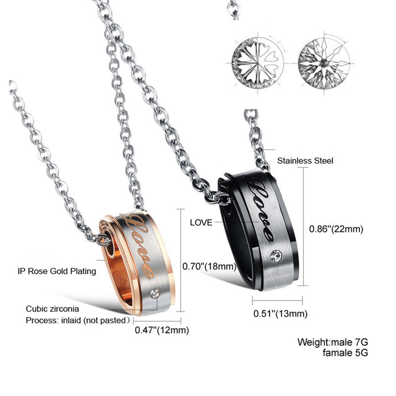 Love CZ Inlaid Plating Stainless Steel Couple Necklaces - KINGEOUS