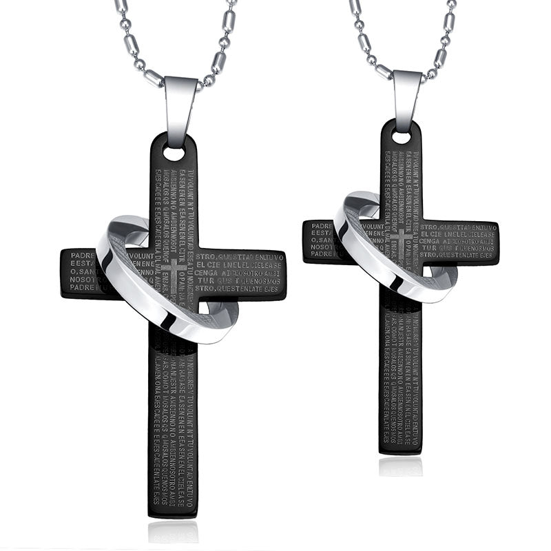 Simple Titanium Steel Cricle and Cross Couple Necklaces