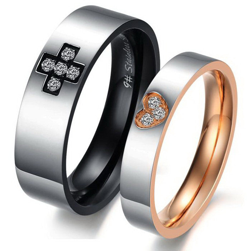 CZ Inlaid Cross Heart Stainless Steel Couple Rings - KINGEOUS