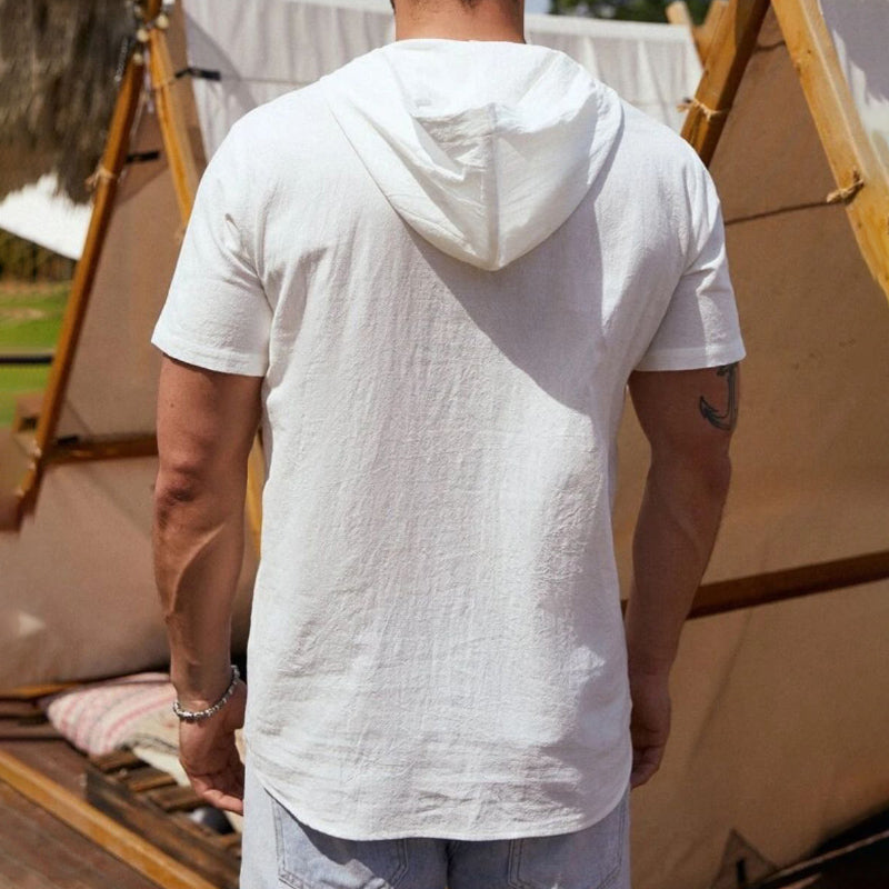 Cotton Linen Hooded Pocket Short Sleeve Men's T-shirt