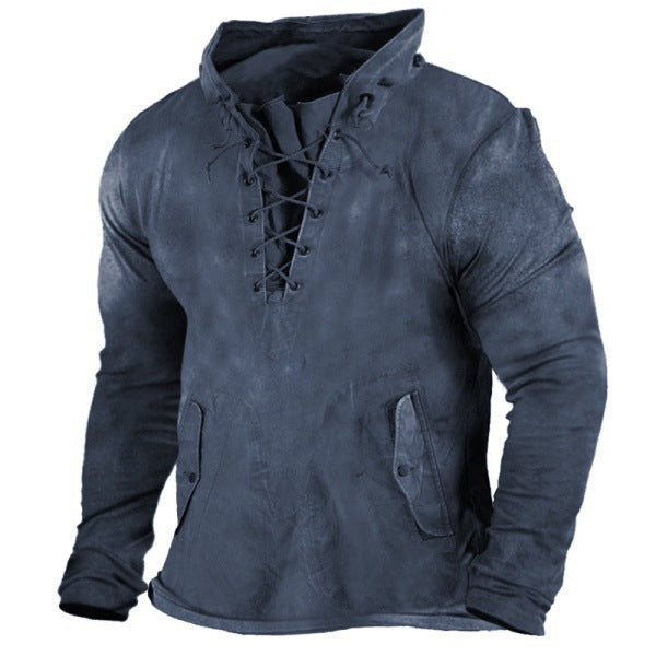 Men's Tactical Tops Long Sleeves Pullover Sweatshirt Hoodie Lace Up Casual  Retro