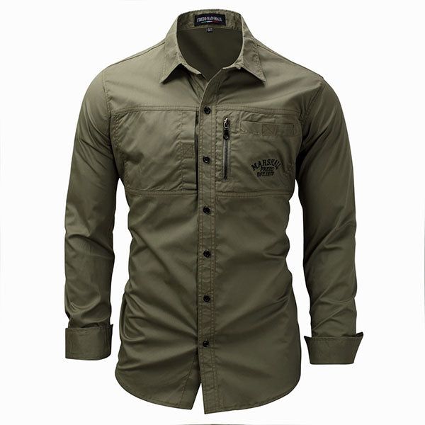 Military Style Lapel Zipper Design Long Sleeve Men's Shirt