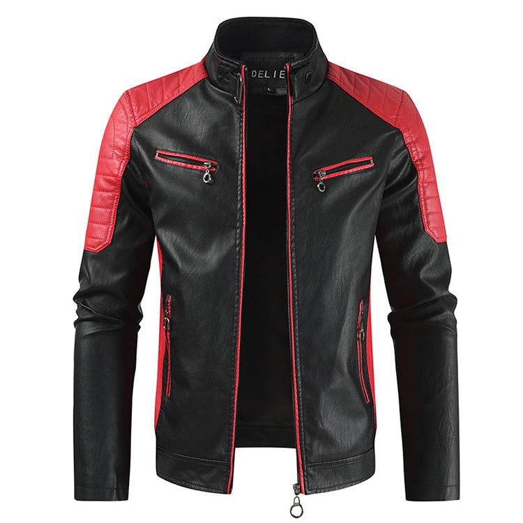 Fashion Stand-up Collar Color Block Men's Leather Jacket