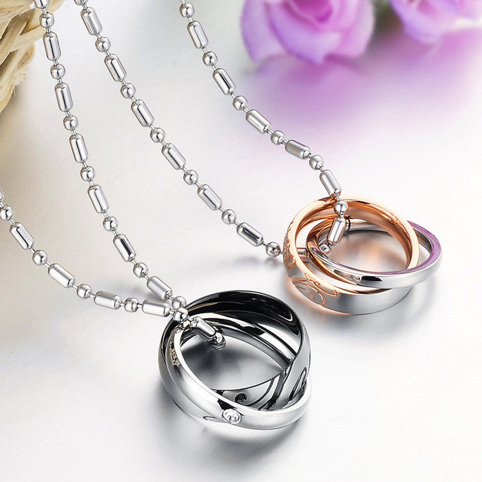 Love Stainless Steel Double Rings CZ Inlaid Couple Necklaces