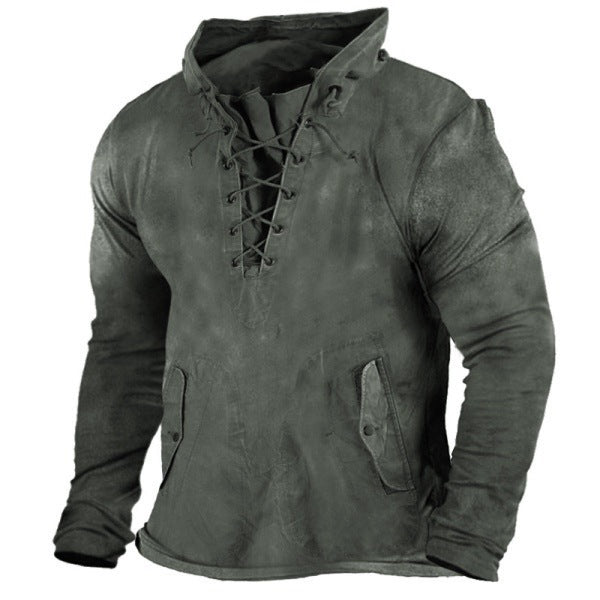 Solid Color Casual Vintage Lace-Up Men's Hoodie T-Shirt