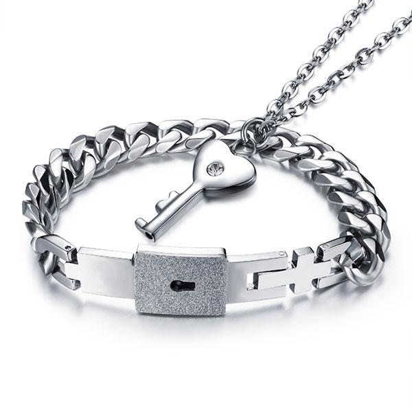 Stainless Steel Love Lock Women Necklace and Men Bracelet