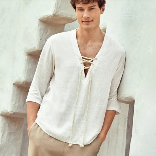 Solid Color Cotton Linen V-neck Long-sleeved Men's T-shirt