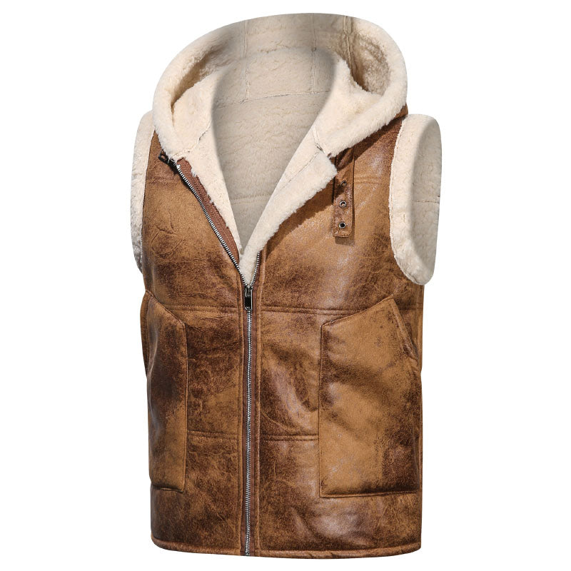 Men's Winter Casual Hooded Warm Jacket Lamb Fleece Vest