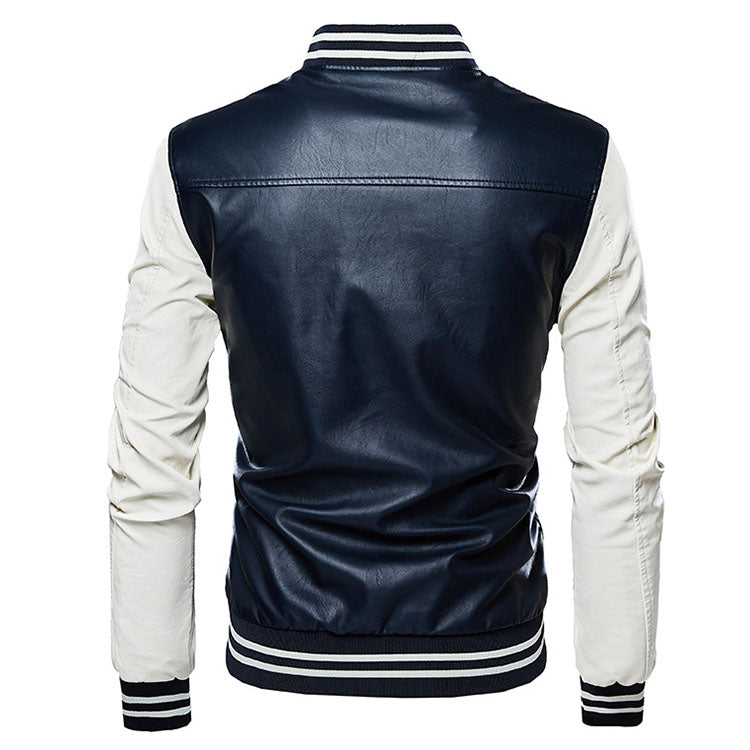 Stitching Sleeve Motorcycle Men's Leather Jacket
