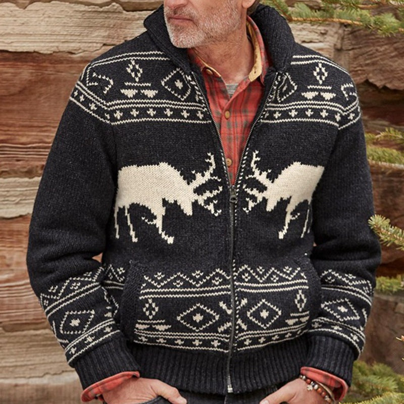 Black Deer Jacquard Weave Zipper Men Sweater Coat