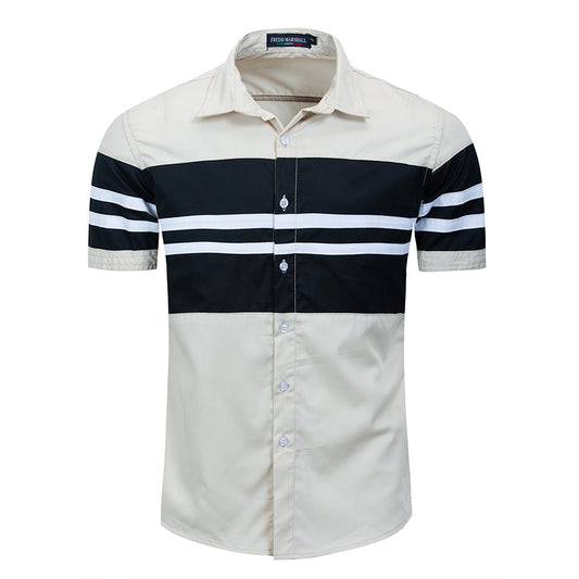 Fashion Split Joint Stripe Short Sleeve Men Shirt